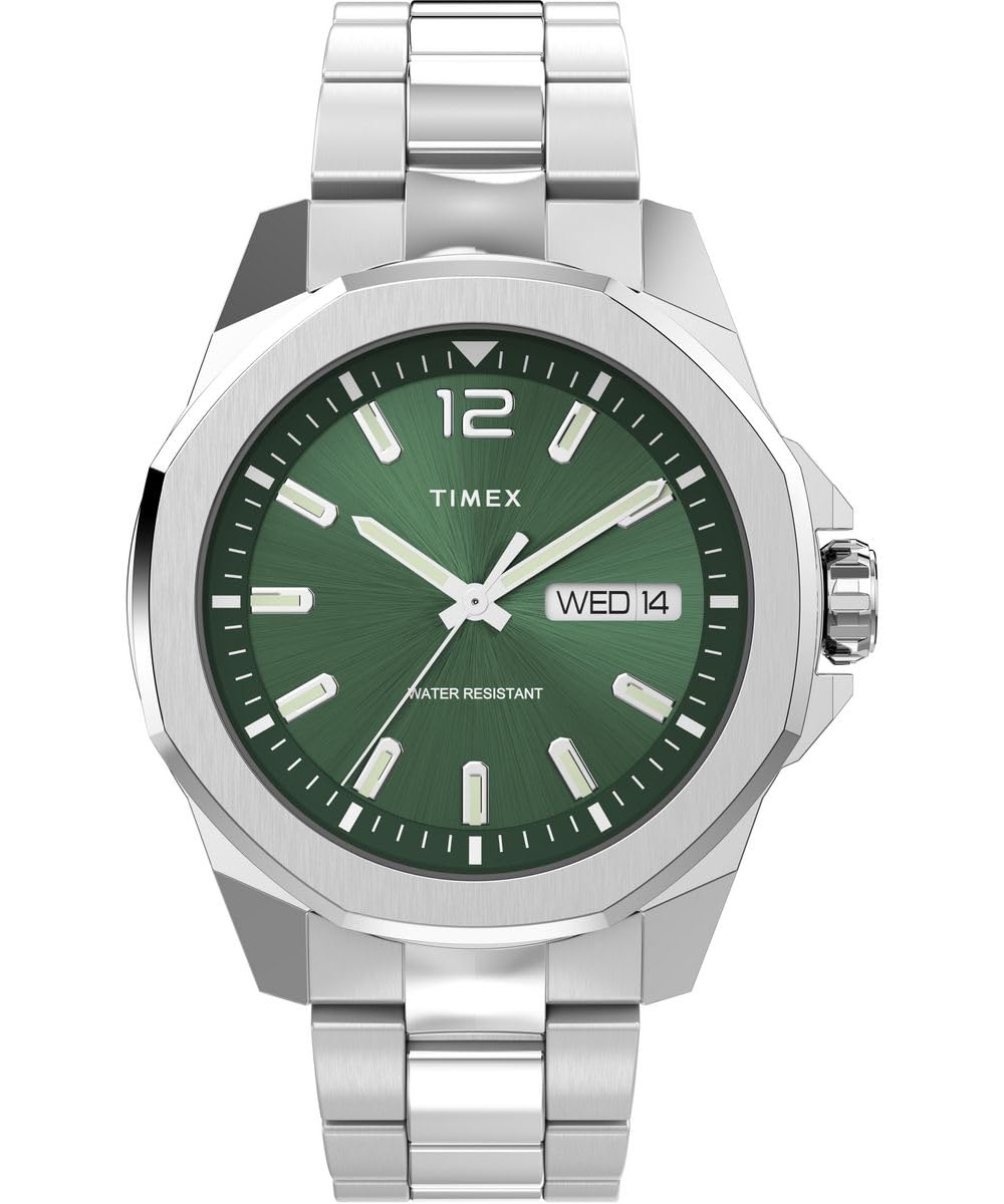 Timex Orologio da uomo ESSEX Uomo Cassa in acciaio inossidabile placcata in argento Movimento al quarzo Quadrante verde Bracciale in acciaio placcato in argento con chiusura deployante 5 ATM