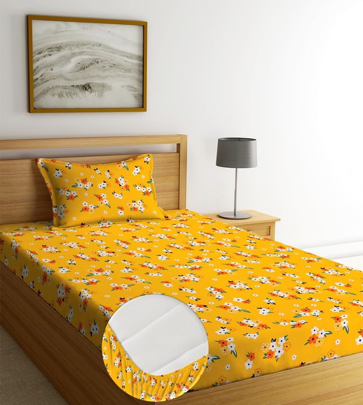 NEW LEAF Pure Cotton Elastic Fitted Bedsheets with 1 King Size Pillow Covers | Single Mattress Bed with All Around Elastic 210tc Supersoft | Size - 72 x 36 +6 inches | Floral, Yellow & Red