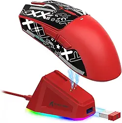 ATTACK SHARK X11 Mouse sem fio leve, 62g, RGB, conexão tri-modo (2.4G/USB-C/BT), 22K DPI, sensor PAW3311, 5 botões programáveis, base de carregamento RGB, compatível com PC/Mac-Vermelho+Tape