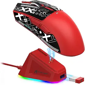 ATTACK SHARK X11 Mouse sem fio leve, 62g, RGB, conexão tri-modo (2.4G/USB-C/BT), 22K DPI, sensor PAW3311, 5 botões programáveis, base de carregamento RGB, compatível com PC/Mac-Vermelho+Tape