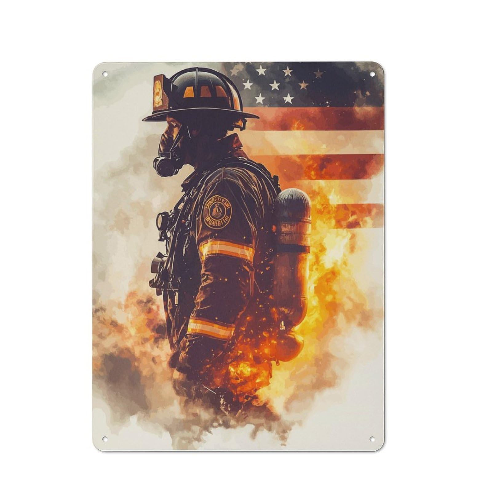 Retro Metal Plaque 40x30cm Featuring Firefighter with American Flag, Bistro Wall Plaque for Bakery, Diner, Cafe Or Family Room
