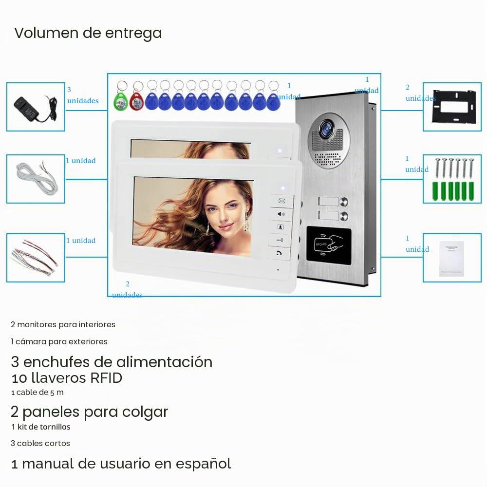 HFeng 7 '' Color con Cable intercomunicador Video Puerta Sistema teléfono Kit 700TVL RFID Acceso Entrada cámara Timbre IR visión Nocturna para 2 Apartamentos/Familia/casa