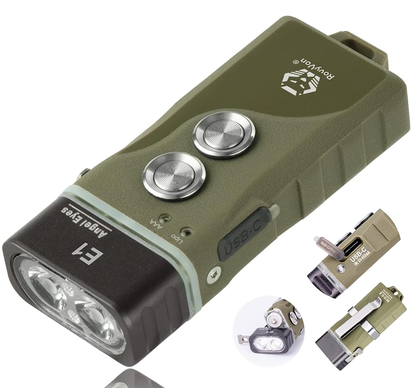 RovyVon E1 Hybrid Battery EDC Flashlight, Max 700 Lumen with Dual LED 6500K Cool White, Pocket Size USB-C Rechargeable Keychain Flashlight, Dual Power by Built-in Li-po/Replaceable AAA(ArmyGreen)
