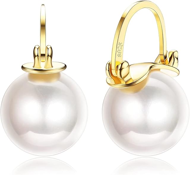 ORAZIO 925 Sterling Silver White Pearl Hoop Earrings Created with Zircondia Drop Earrings for Women Girls 14K Gold Plated Hypoallergenic Hoop Earrings Jewelry for Gifts