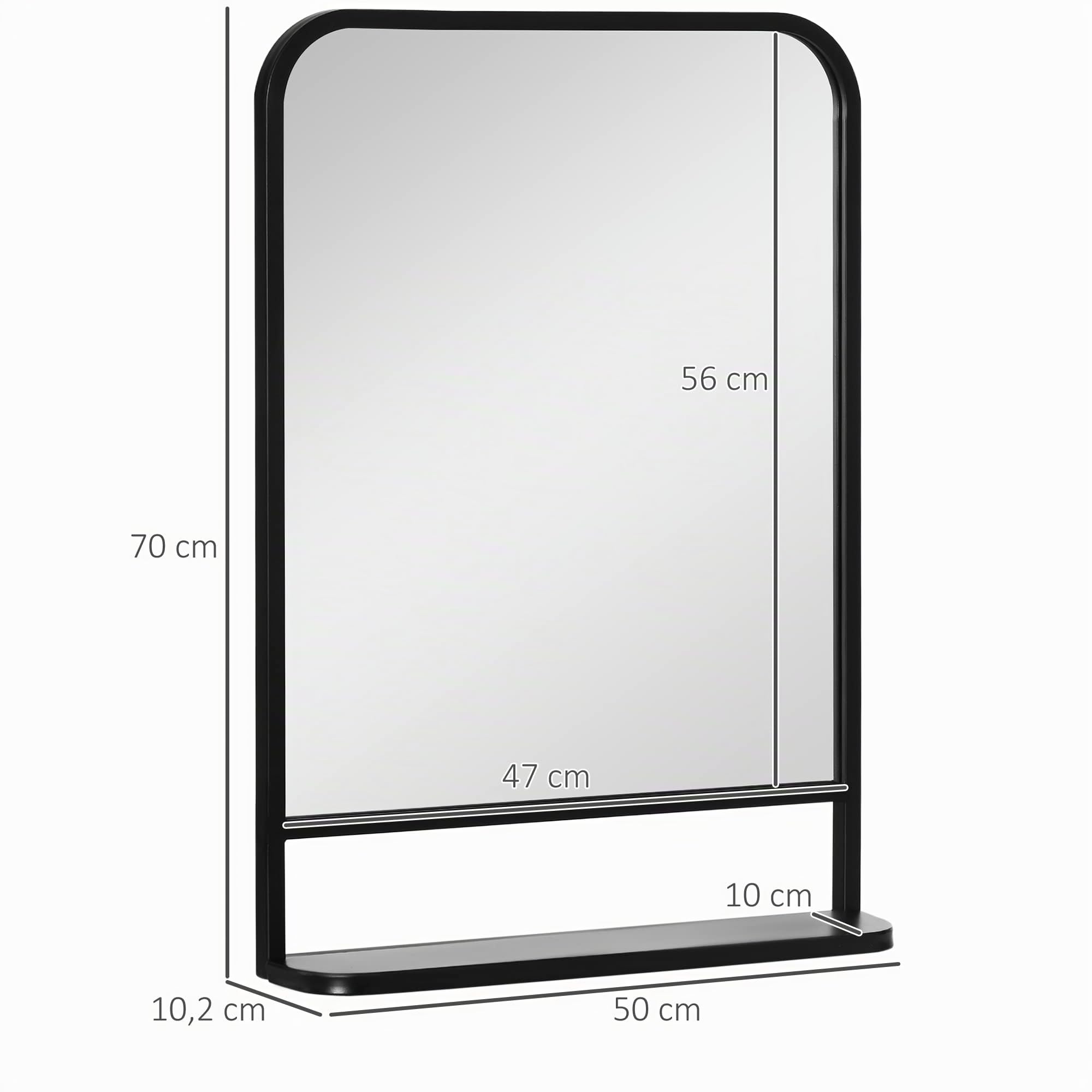 HOMCOM Espejo Decorativo de Pared 50x70 cm Espejo Rectangular Negro | Metal, Estante de Almacenamiento, Salón Dormitorio Entrada, Estilo Moderno