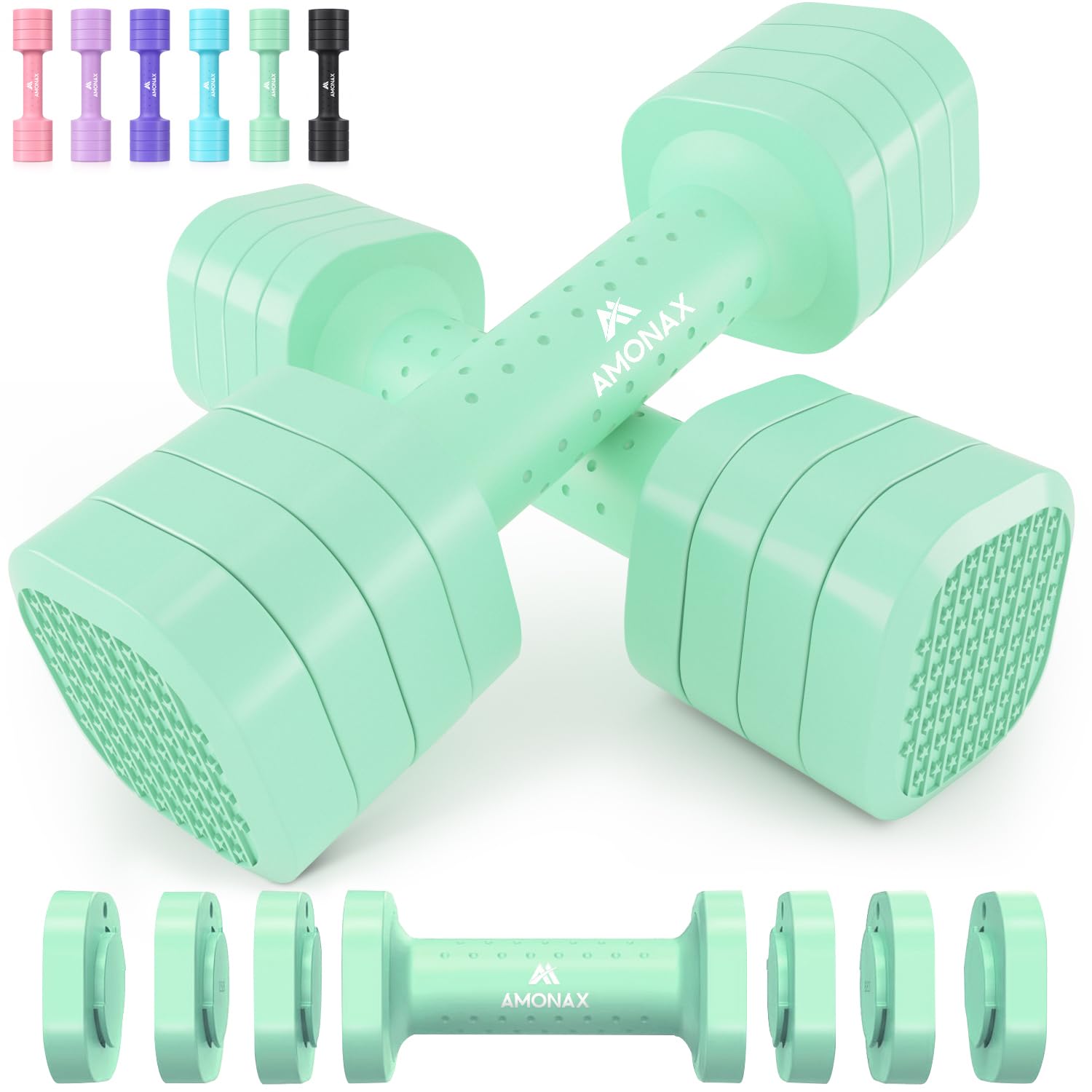 Amonax Manubri Regolabili Donna, Coppia, 1-2,3 kg / 1-5 kg, 4 in 1/5 in 1 | Pesi per Donna, Set di Manubri Compatto, Attrezzatura da Palestra per Fitness, Allenamento di Forza e Casa