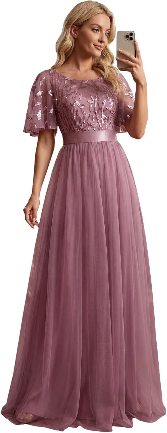 Ever-Pretty Sequin Formal Prom Dresses for Women Ruffle Sleeves Empire Waist A-Line Long Mother of Bride Dress 00904