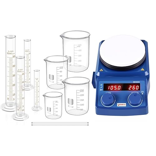 FOUR E'S SCIENTIFIC Placa caliente magnética agitador de 5 pulgadas con sistema de vaso de precipitados de vidrio, cilindro graduado de vidrio