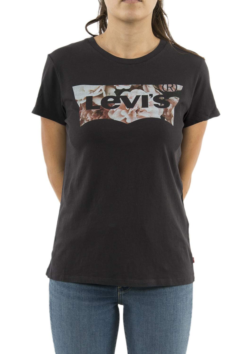 Levi's Women's The Perfect Tee- Pattern Batwing Logo T-Shirt, Housemark Photo Fill Meteorite, M