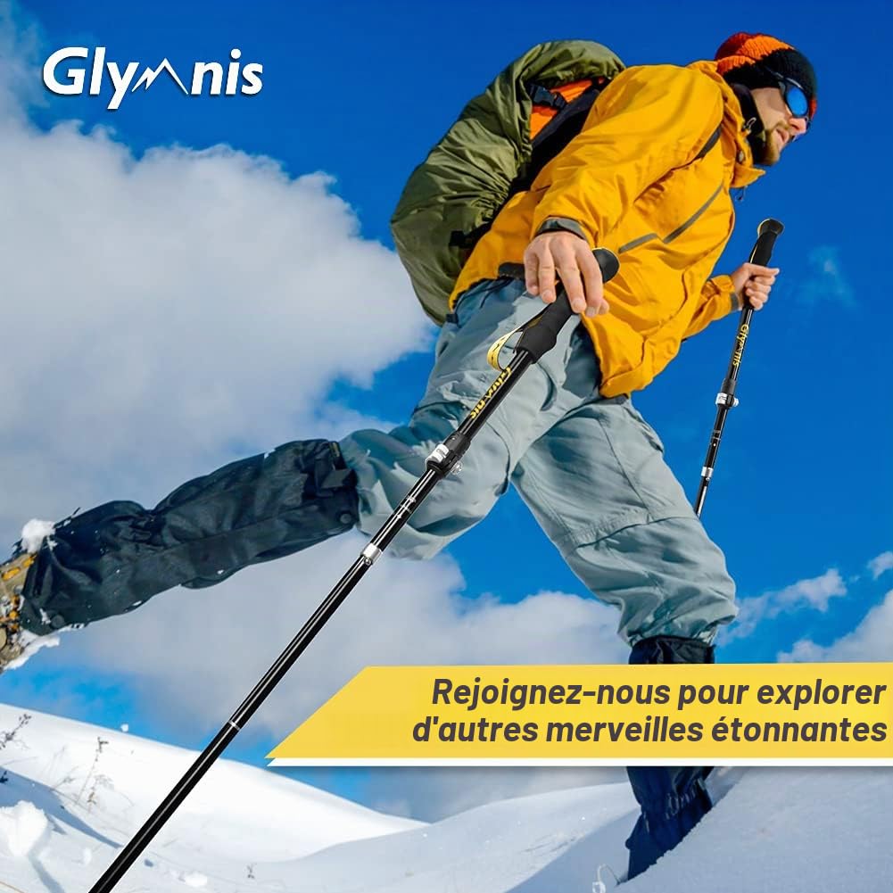 Glymnis Bâtons de randonnée 7075 - En aluminium - Réglable de 110 à 130 cm - Fermeture par serrage avec 4 paires de tampons en caoutchouc pour trekking, Noir , 110cm-130cm