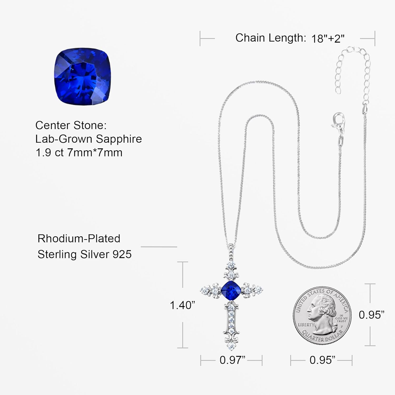 Cross Necklace for Women – Lab Grown Sapphire or Ruby with Moissanite, Rhodium or Gold Plated 925 Sterling Silver, Elegant Faith Inspired Gift