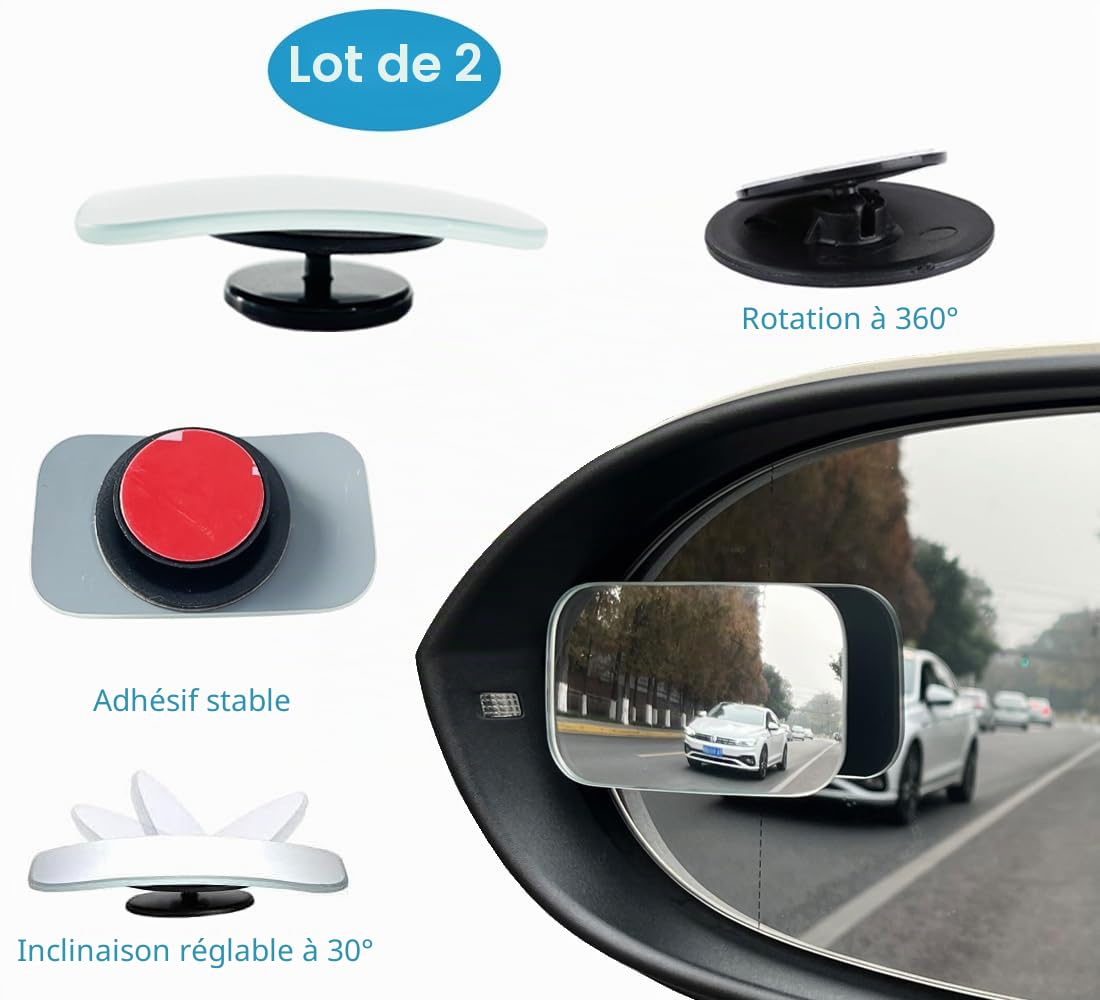 Lot de 2 rétroviseurs universels à clipser pour intérieur de voiture, grand angle pour réduire efficacement l'angle mort, convexe, transparent