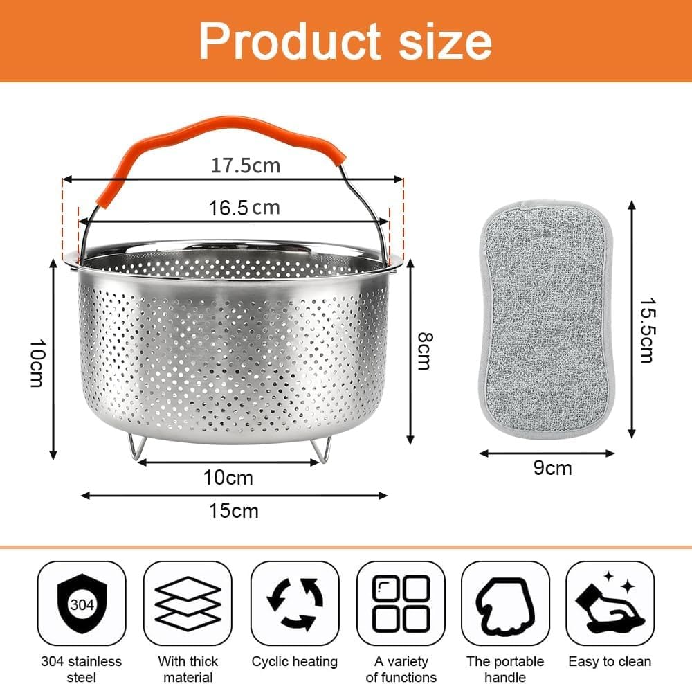 Cesta de Vapor Acero Inoxidable 2L 17.5cm Cesta para Vapor de Olla Cesta Vaporera de Verduras Cesta de Vapor para Olla a Presión Castillo Multiusos con Mango para Verdura Huevo Rroz + Esponja