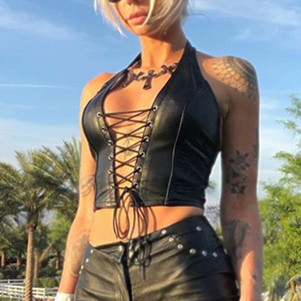 Women Sexy Corset Tops, Adjustable Spaghetti Straps PU Leather Bustier Crop Top Rave Outfit Party Club Night Black - Image 2