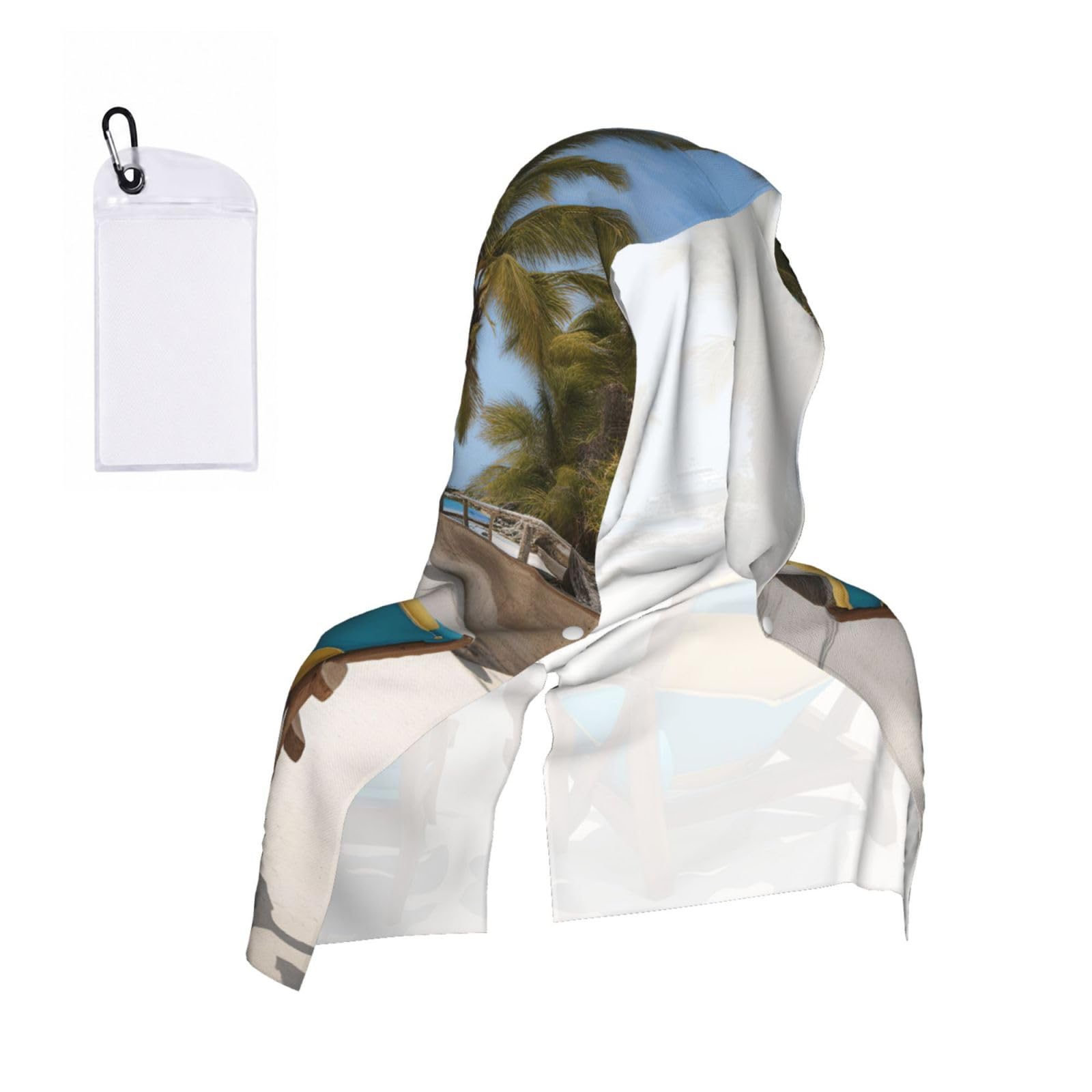 DUWAA Beach Palm Tree Chairs Boats Print Reusable Hoodie Cooling Neck Wrap, Hot Weather Outdoor Sports Workout Head Towel For Stay Chill