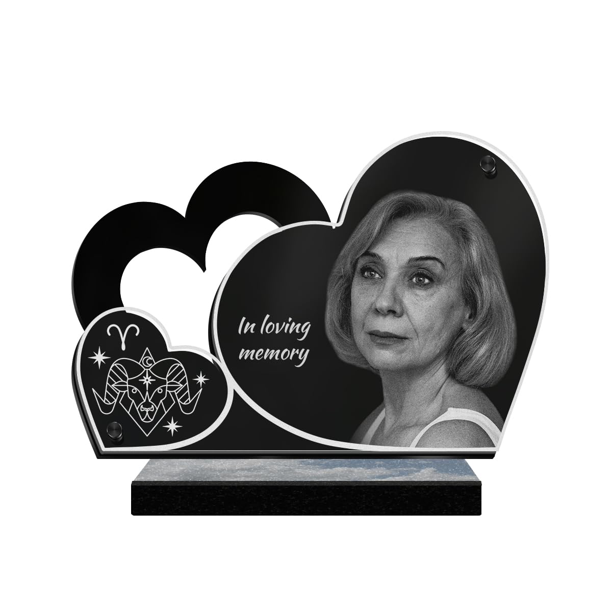 ETERNEL - Personalized Funeral Plaque Double Heart Astro Aries Photo and Customizable Text, laser-engraved funeral plaque for tribute, tombstone, mortuary, funeral, burial