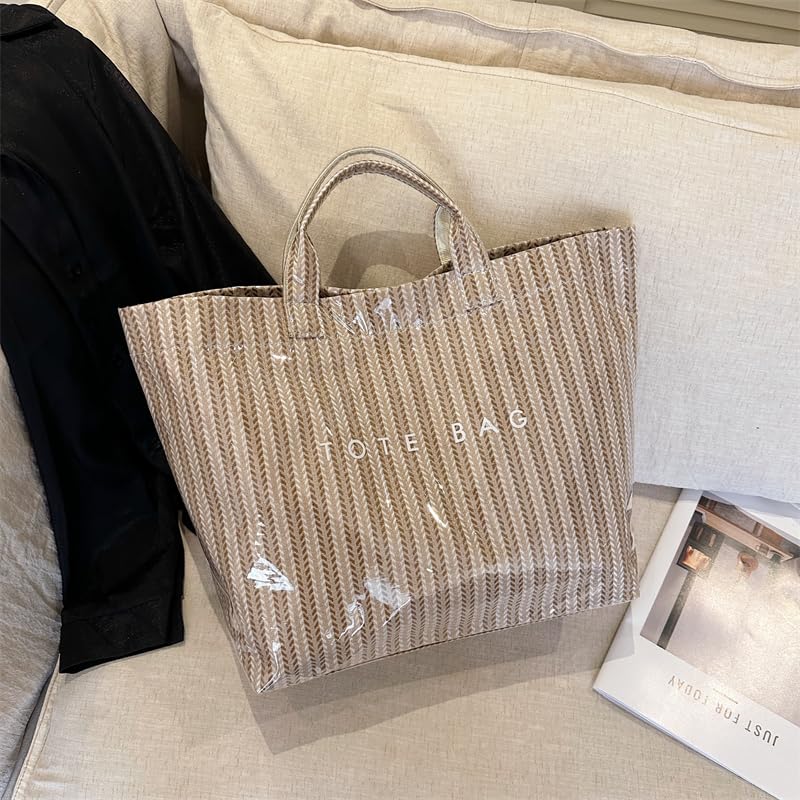 Image of Lushandy Striped PVC Tote Bag for Women, Waterproof Plastic Tote Bag for Beach Pool Large Top Handle Travel Hobo Handbag