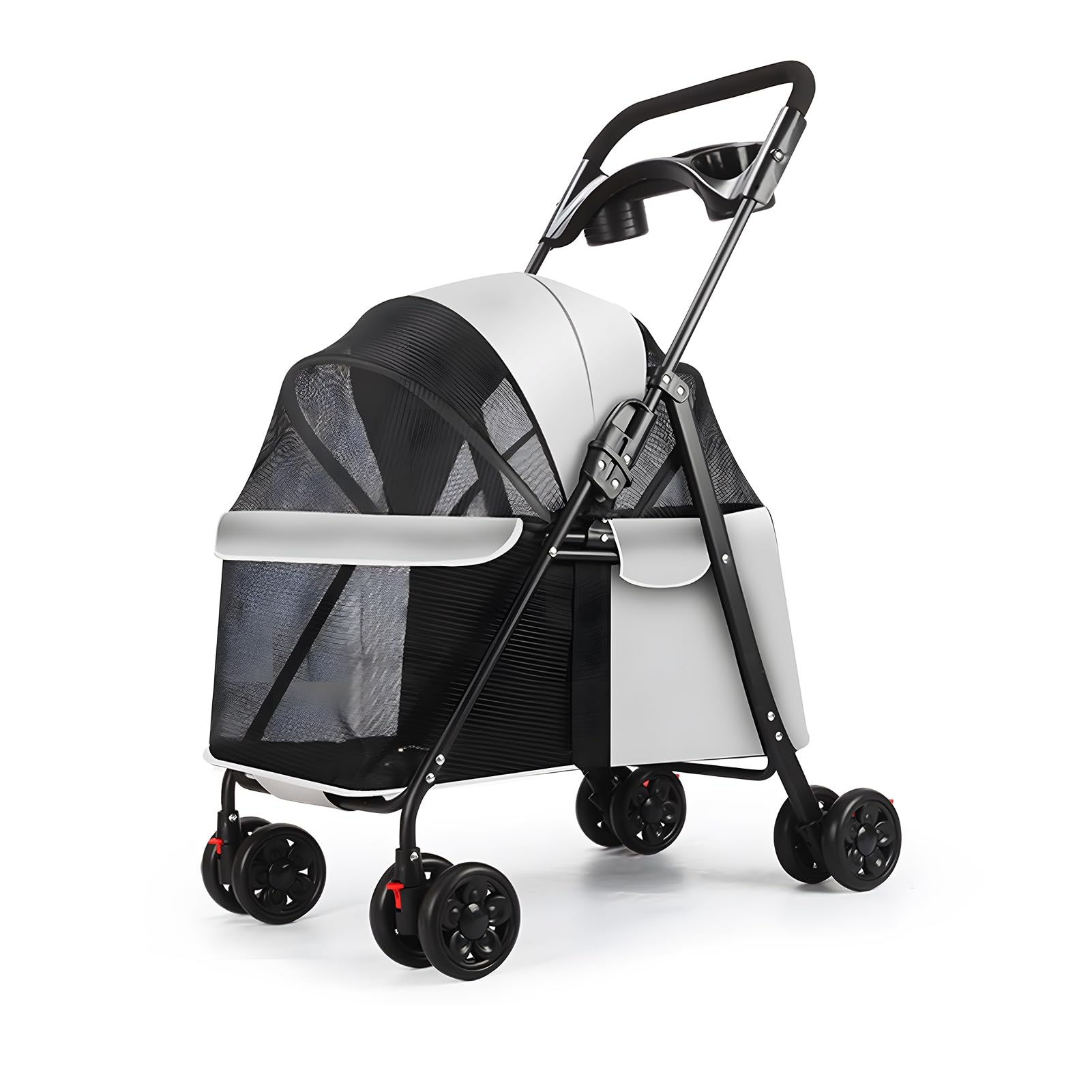Passeggino per cani pieghevole con 4 ruote, carrozzina per cani di piccola e media taglia, passeggino per cani con portabicchieri, passeggino per animali domestici con manico reversibile,