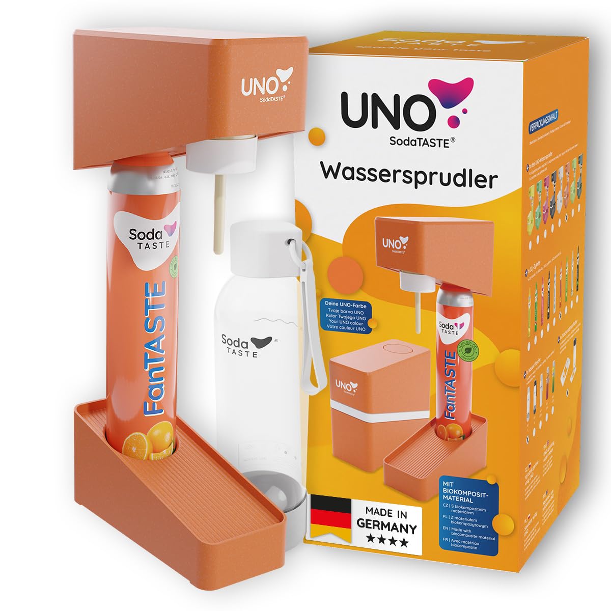 Uno, gorgogliatore – modulare e senza corrente | compatibile con tutti i cilindri CO₂ con filettatura standard | Set con bottiglia d'acqua 1L & cilindro CO₂ (Classic/Aroma) e asciugacapelli per