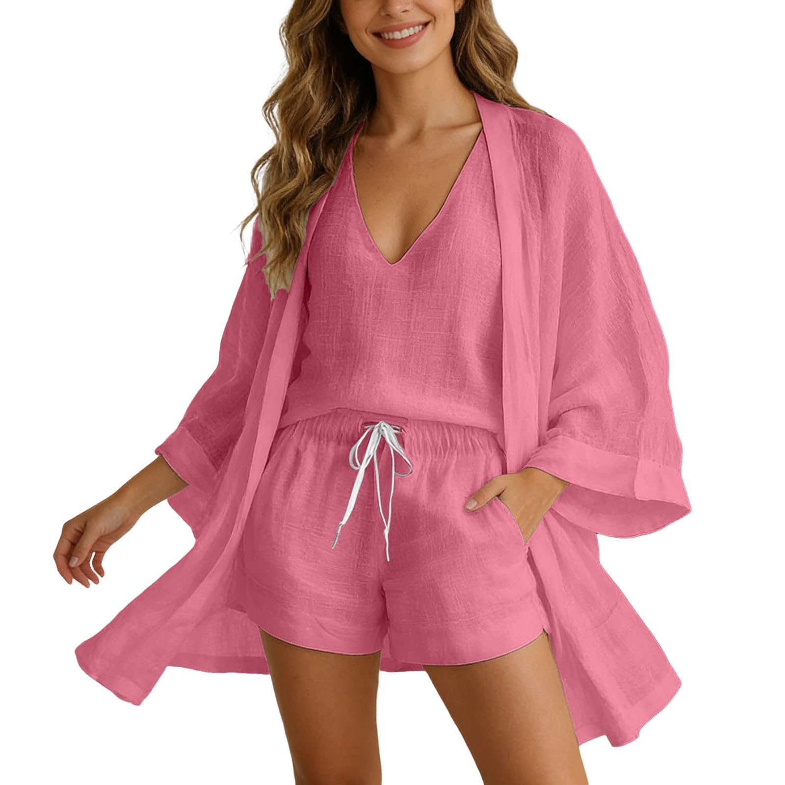 Generisch Camicetta estiva da donna, in mussola, leggera, traspirante, a maniche lunghe e pantaloncini, set da 3 pezzi, elegante, per il tempo libero, da spiaggia, con tasche