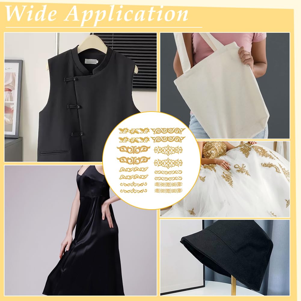 16 Patch Ricamo Fiore In Pizzo Dorato - Termoadesive O Da Cucire, 8 Stili, Per Vestiti E Fai-Da-Te - Foto 5