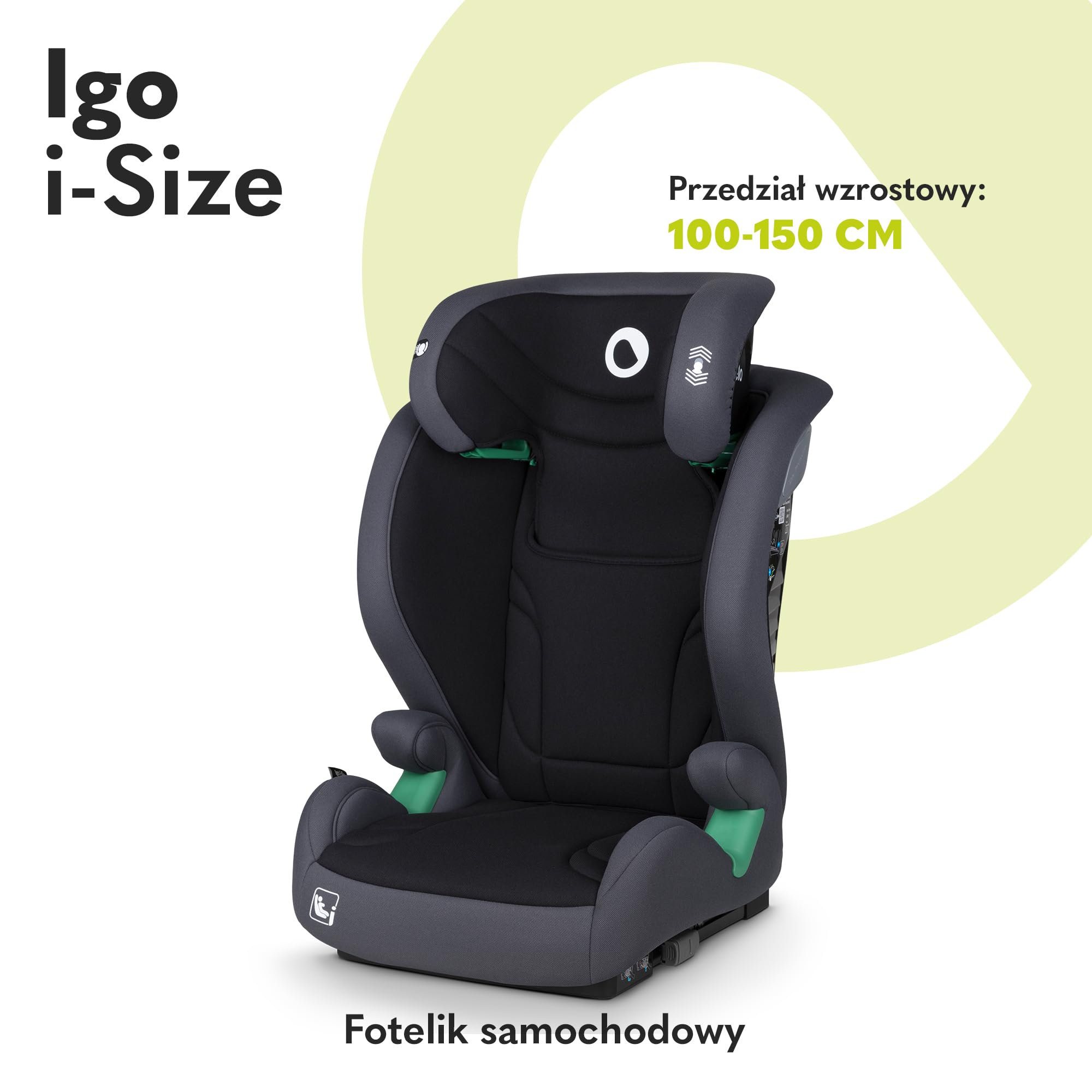LIONELO IGO I-SIZE Fotelik Samochodowy Dziecięcy, Grupa 2 3, od 100-150 cm Montaż Przodem ISOFIX lub Pasy, Regulacja Oparcia i Zagłówka z Pianką Memory Foam Wypinane Oparcie (Grafitowy)