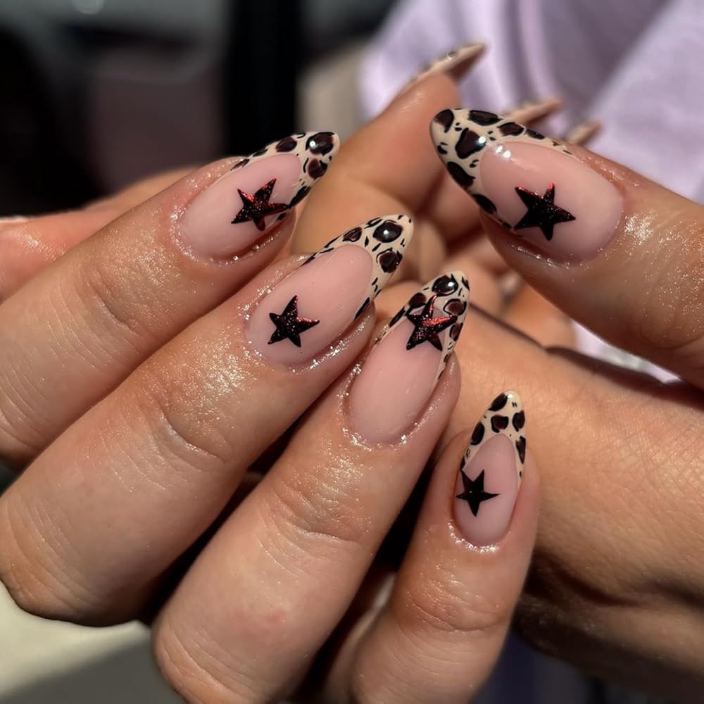 Almond Press on Nails Medium French Tip With Leopard Print Design - Glue on Star Acrylic Full Cover Stick on Winter Artificial Nails for Women Manicure 24Pcs