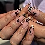 Almond Press on Nails Medium French Tip With Leopard Print Design - Glue on Star Acrylic Full Cover Stick on Winter Artificial Nails for Women Manicure 24Pcs