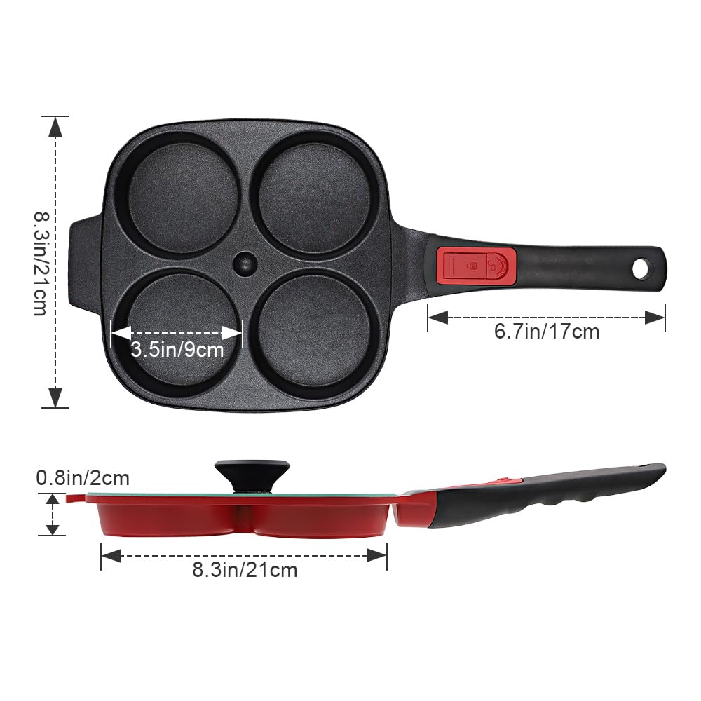RANX INGST Poêle à Pancakes avec Couvercle Antiadhésive, Poêle à 4 Emplacements en Aluminium avec Poignée Amovible pour Tous Feux Dont Induction