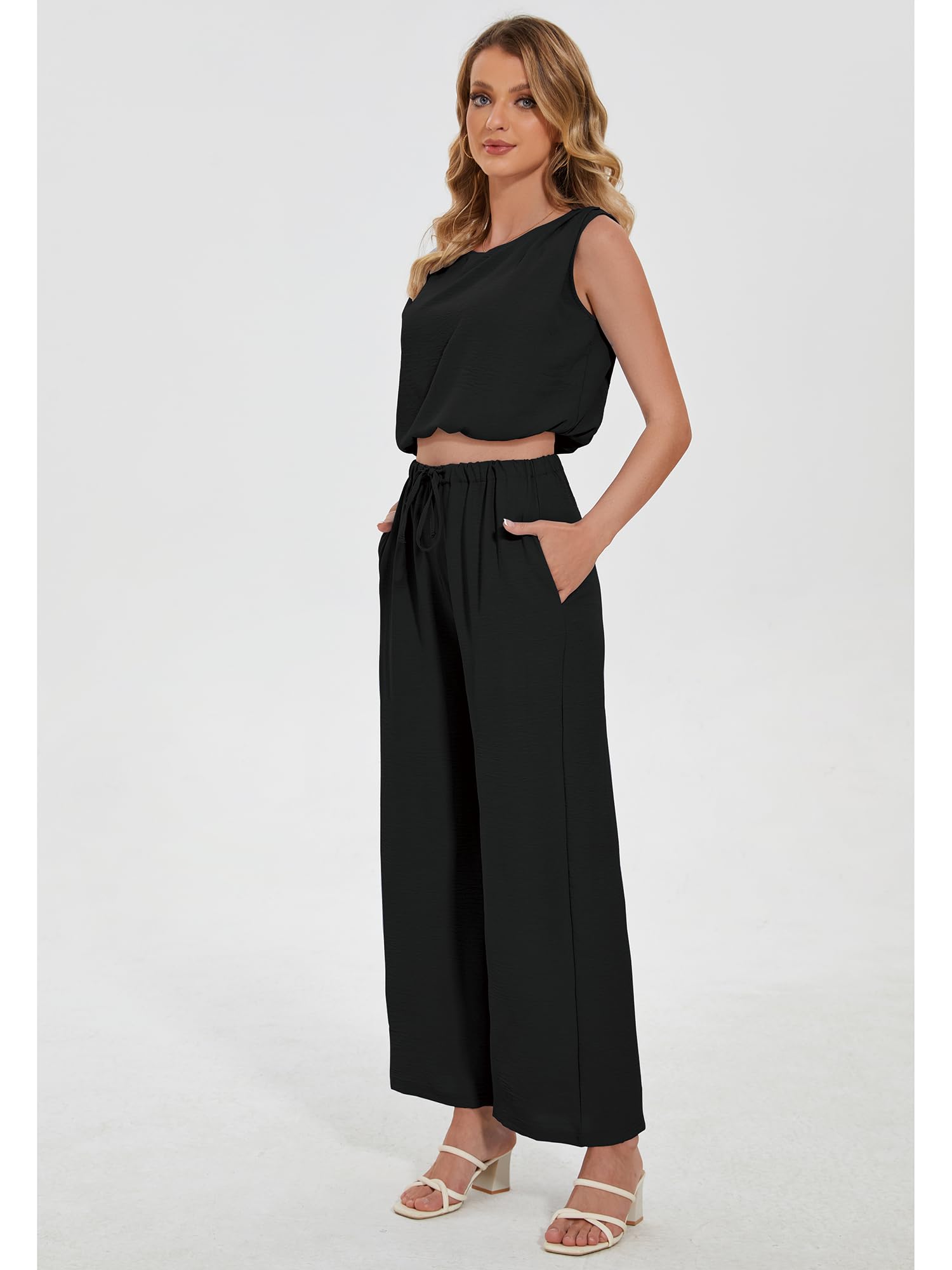 AUXDIO 2 Piece Casual Outfits for Women Sleeveless Crop Basic Top Cropped Wide Leg Pants Set Summer Jumpsuits Black Small