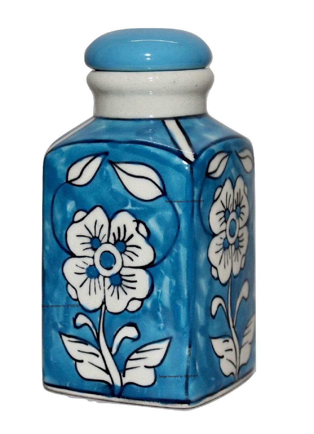 SPHINX Traditional Mughal Print Small Table Top Ceramic Jar/Container for pickles/candies ( Height= Approx. 13 cms/5.2 Inches) check size images/details carefully - 1 piece (Sky Blue)