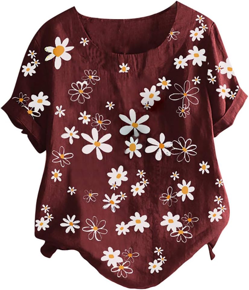 レディースカジュアルコットンリネントップス夏半袖Tシャツ軽量チュニックフラワープリントブラウス（ワインXX）