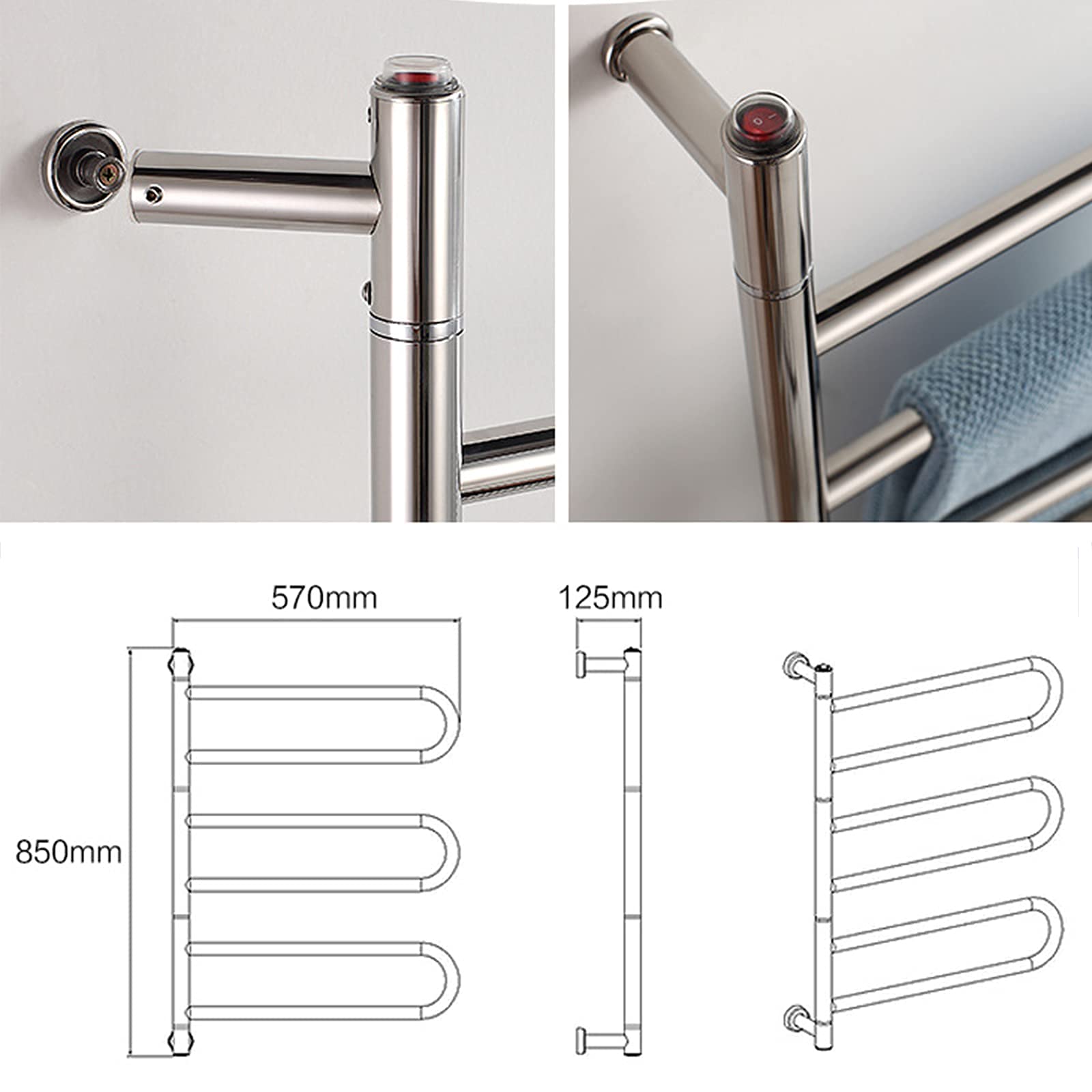 Toallero eléctrico de Pared de 6 Barras, con rotación de 180°, radiador calefactable, de bajo Consumo, con cableado.(Hardwired)