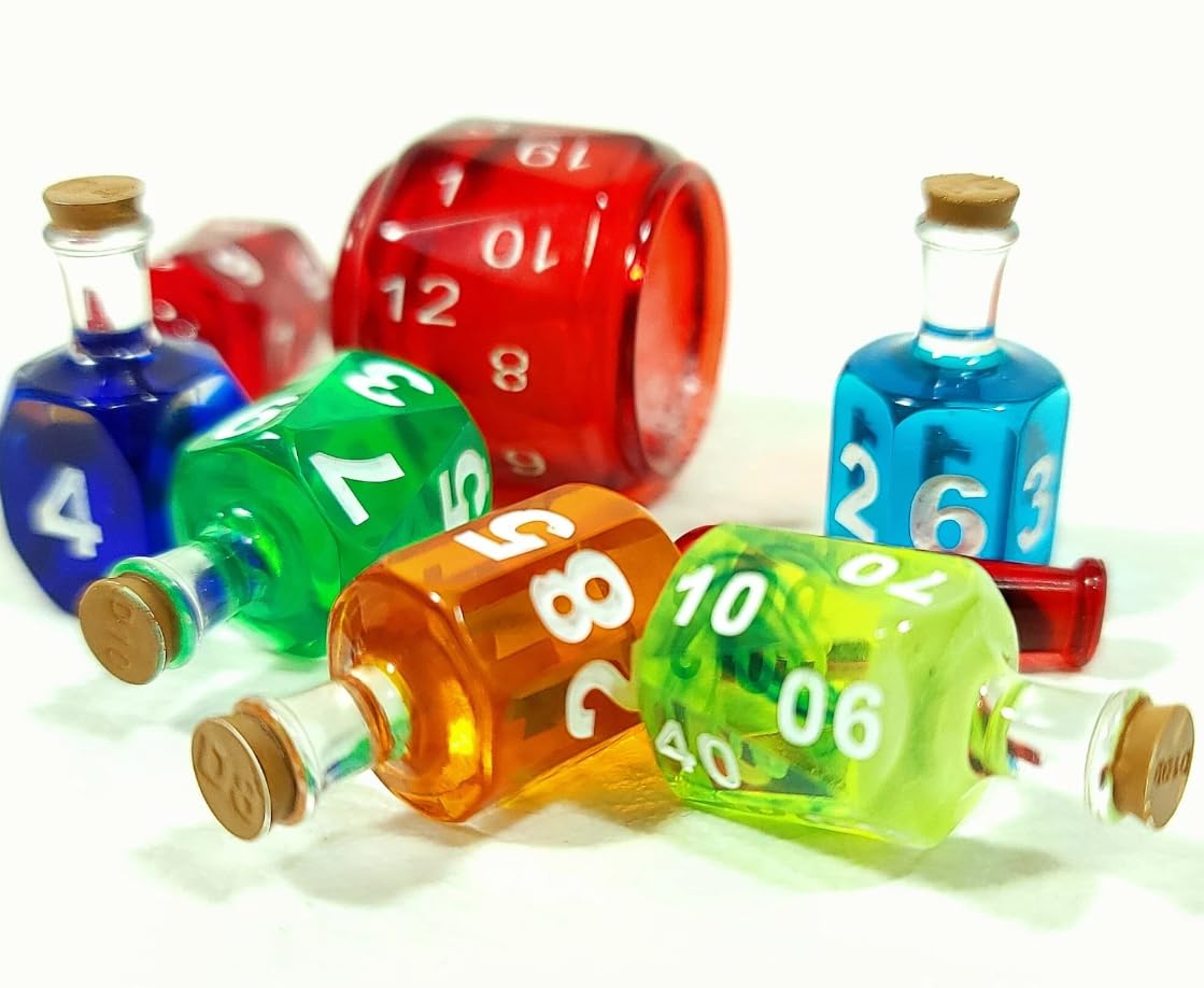 Coloured 7 Potion Dice Set for RPG Tabletop Games,Handcrafted Potion Bottles Dice Set with Numbers,Game Dice for RPG Player Games Accessories Party Gifts (A1)