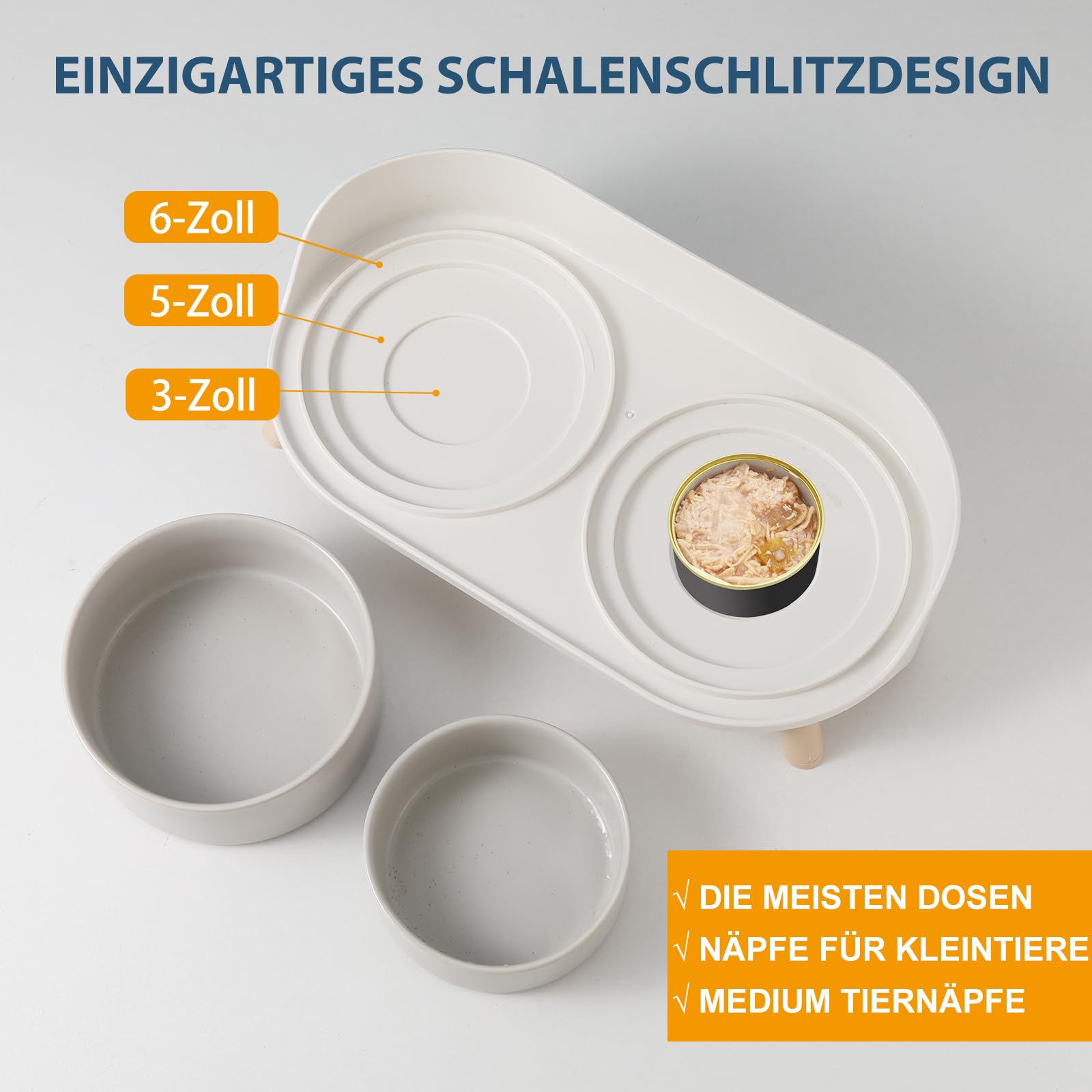 Katzennapf Keramik erhöht mit Ständer, Doppelnapf rutschfest mit Spritzschutz, Futter- und Wasserschalen für Katze, Welpen und kleine Hunde, komfortable Fresshöhe, leicht zu reinigen, 2 x 320 ml Grau