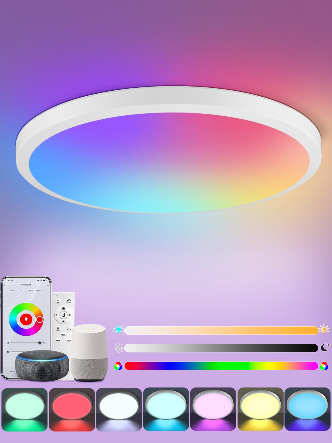 Litglobe Lampara Techo Inteligente 28W,Lampara LED Techo Regulable con Mando a Distancia y Control APP,Plafon LED Techo Compatible con Alexa y Google Home,Ø28cm Lamparas Techo Salón Dormitorio Cocina