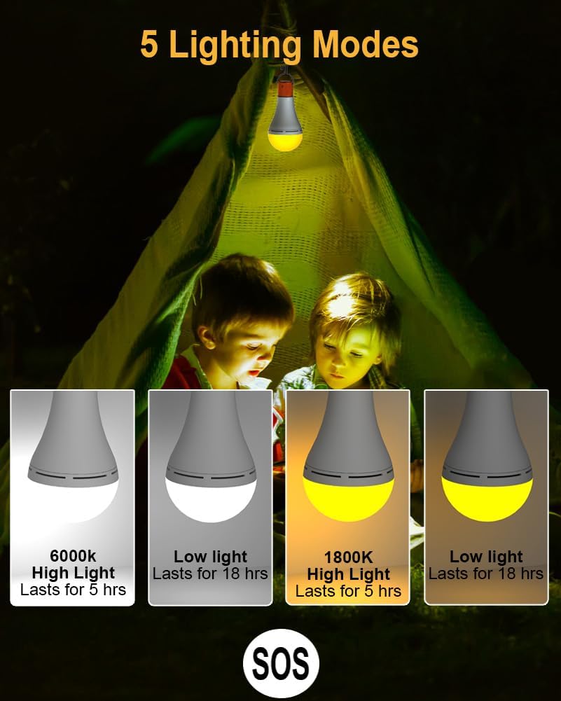 USB Rechargeable Light Bulbs with Remote Timer, 5 Light Modes, Daylight & Amber Light,1800mAh Rechargeable LED Light Bulb for Camping, Hiking, Emergency