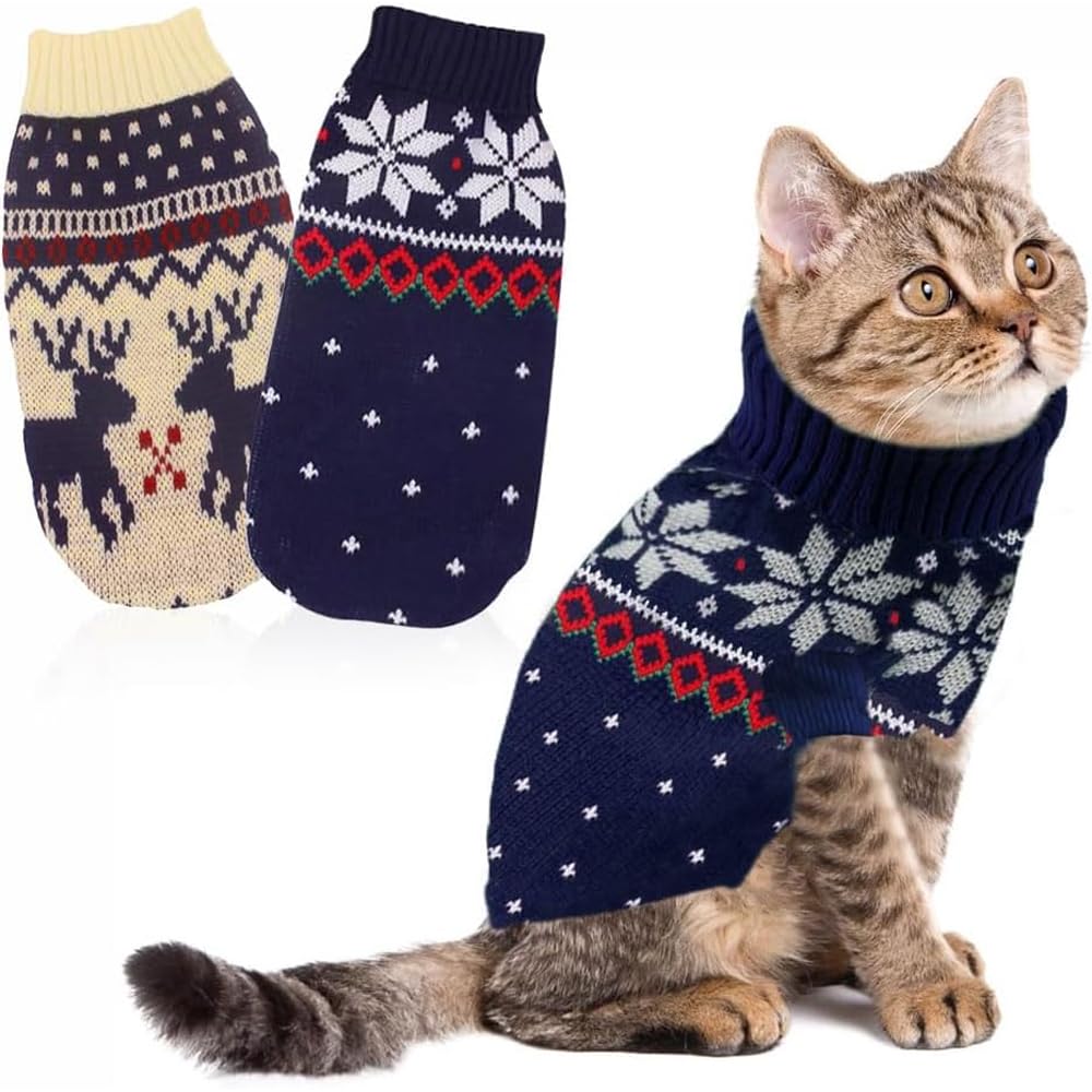 LATRAT Pack of 2 Christmas Cat Dog Jumpers, Snowflakes, Reindeer Motif, Knitwear, Winter Pet Clothes, Warm Pet Sweaters for Kittens and Small Dogs, Elk and Fawn, Deep Blue, L