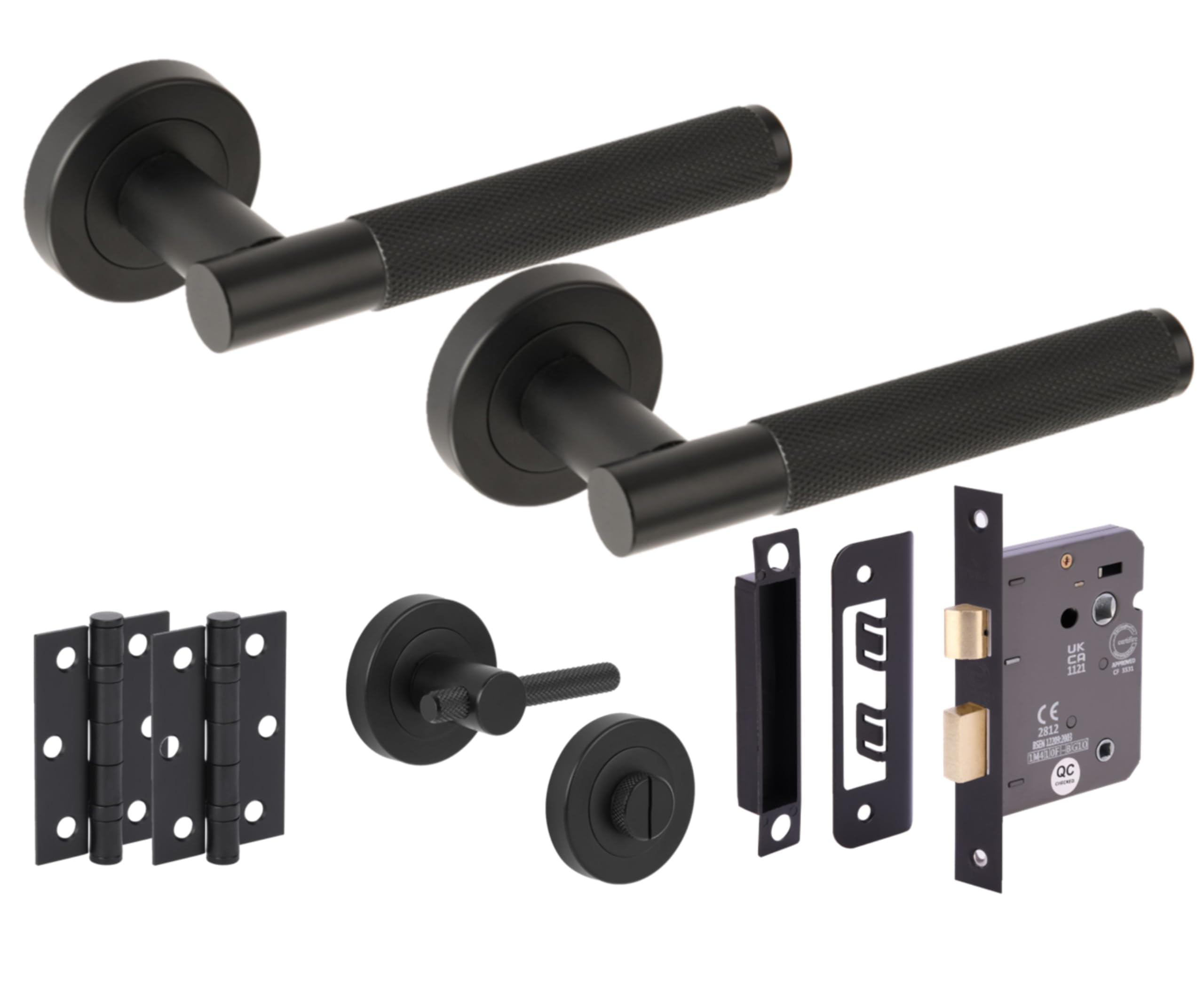 Hunta HANDLEZONE® Evo Knurled Grip Door Handles on Rose Bathroom Lock Pack with Knurled Turn Set, 76mm Lock, 75mm Ball Bearing Hinges - Black Matt