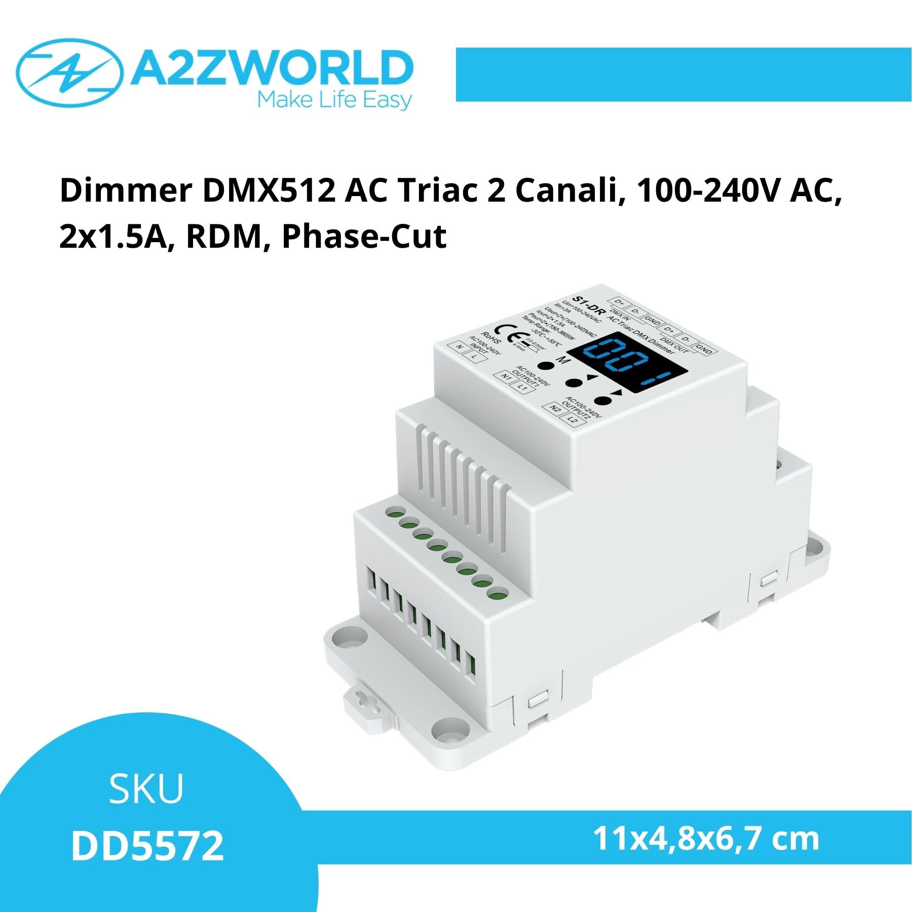Dimmer DMX512 Triac 2 Canali, per Lampade LED Dimmerabili 220V Taglio di Fase, Driver Triac, Alogene e Incandescenza, 1,5A/CH, RDM, Guida DIN, S1-DR