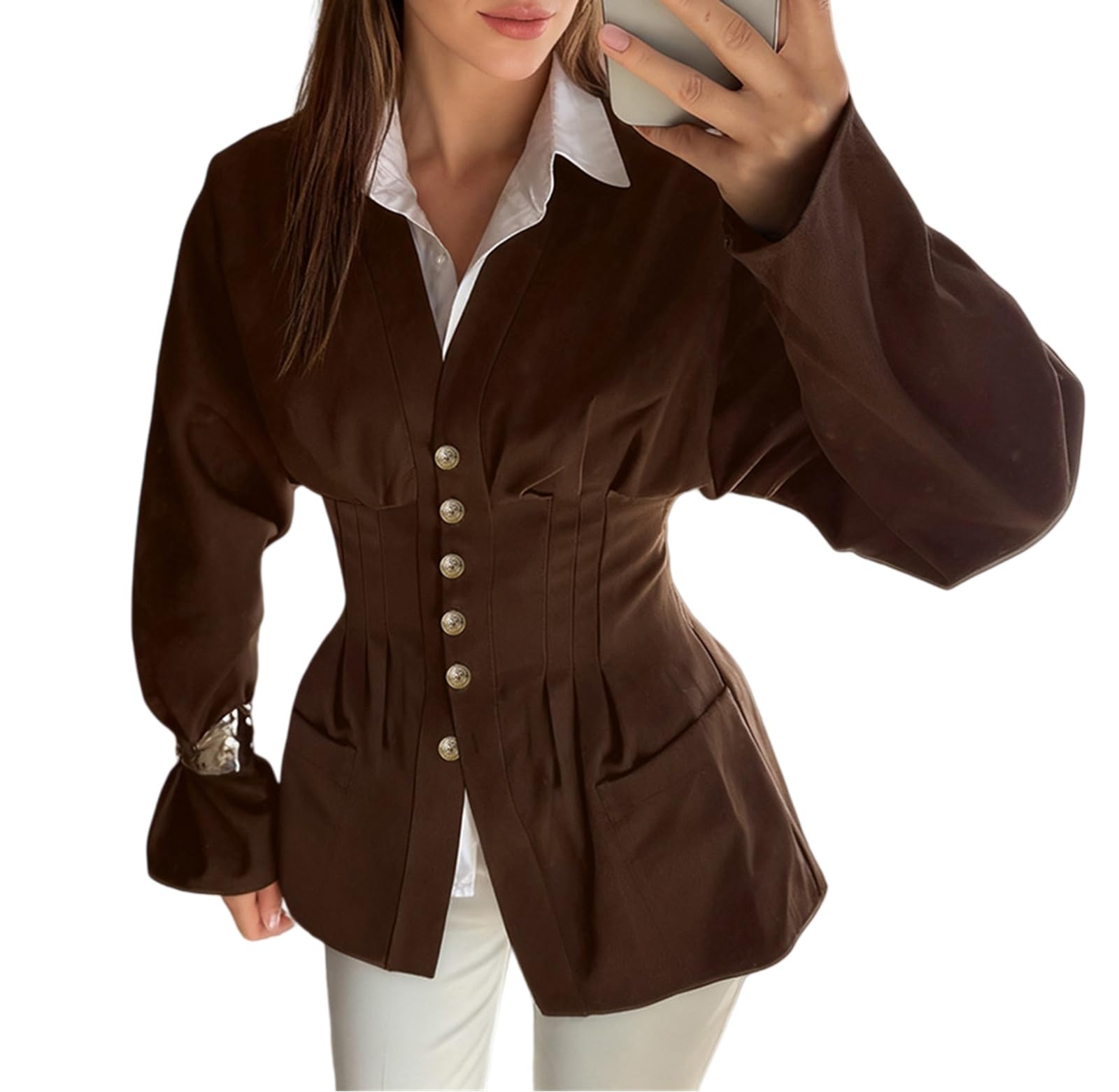 Camicetta da donna a maniche lunghe, scollo a V, sciancrata, con pieghe | Morbido misto cotone elasticizzato, design sciancrato, tasche, ideale per l'ufficio e tutti i giorni