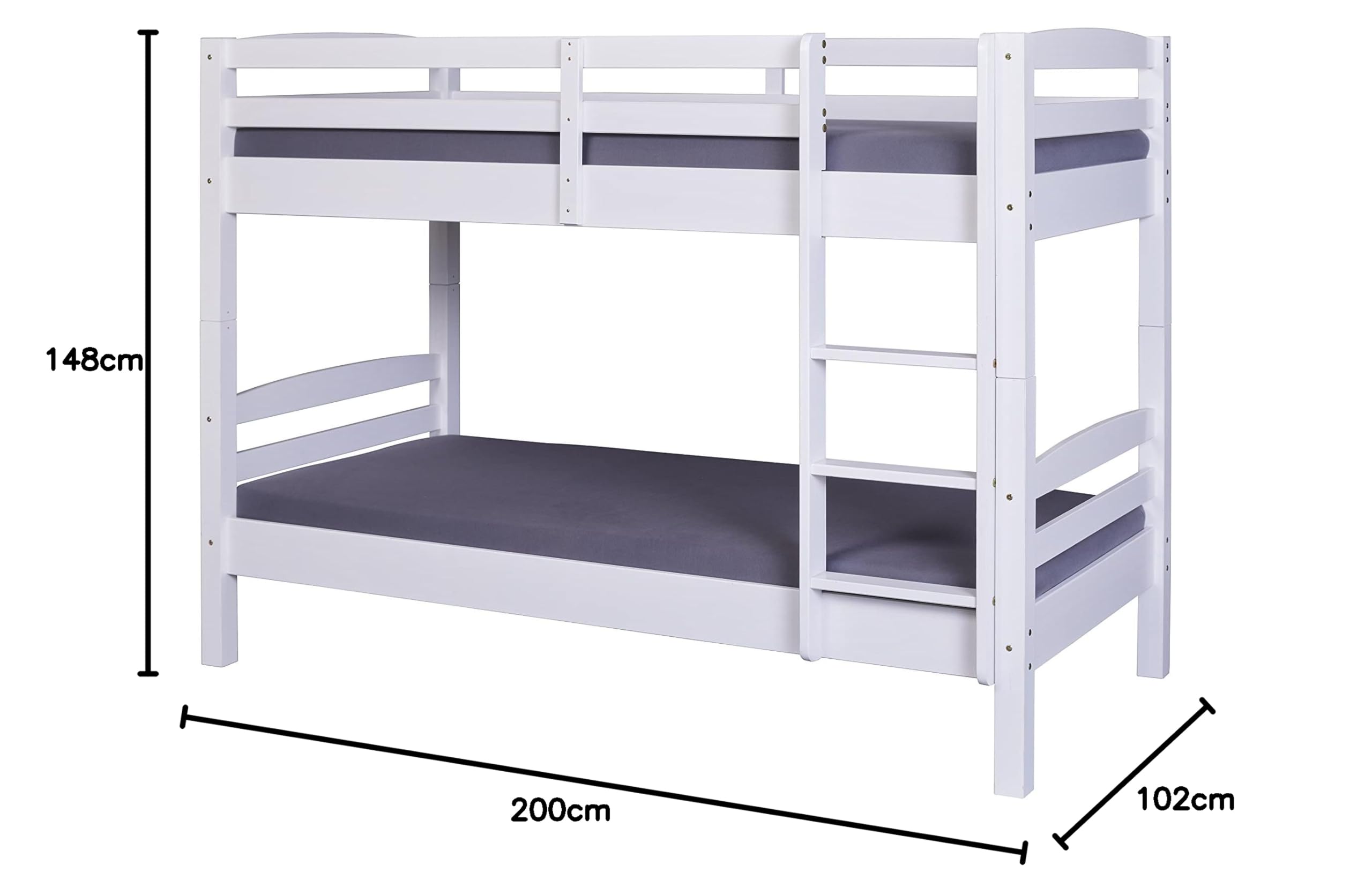 Inter Link – Lit Superposé pour enfants –Bois de pin massif – Avec échelle – 2 couchages 90 x 190 cm – Avec 2 sommiers à lattes – Barrière de sécurité - Rick – Vernis blanc, 90x190cm