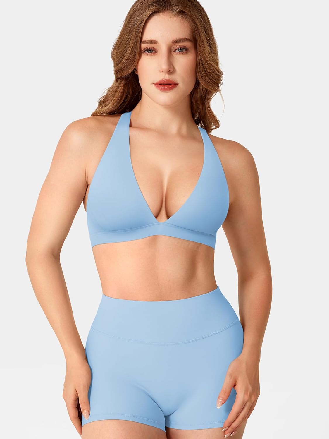 YEOREO Sports Bras for Women Deep V Neck Criss Cross Bra Wafiya Padded Low Impact Workout Gym Crop Top