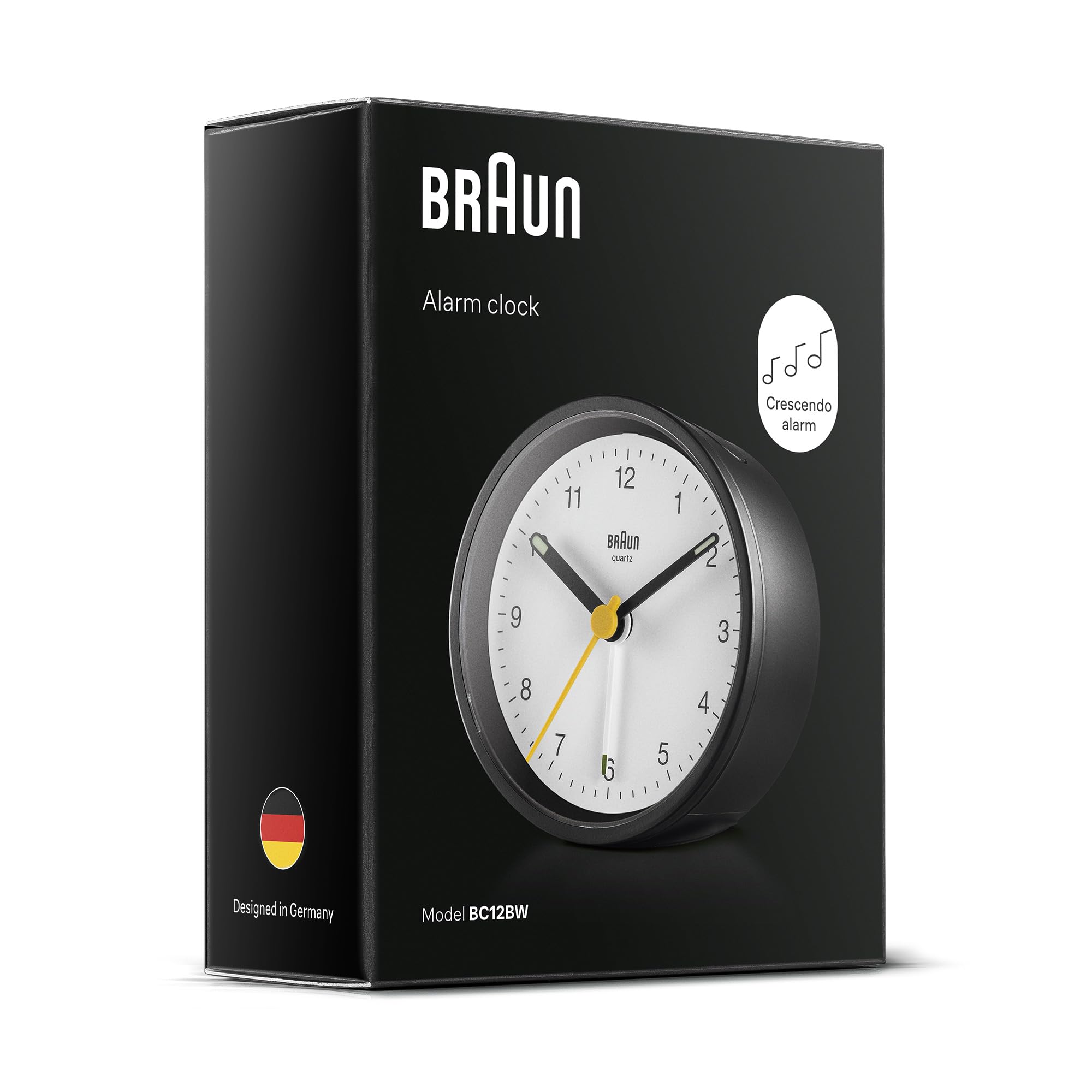 Braun Klassischer analoger Wecker Schlummerfunktion und Licht, ruhiges Quarzuhrwerk, Crescendo-Alarm in Schwarz und Weiß, Modell BC12BW.