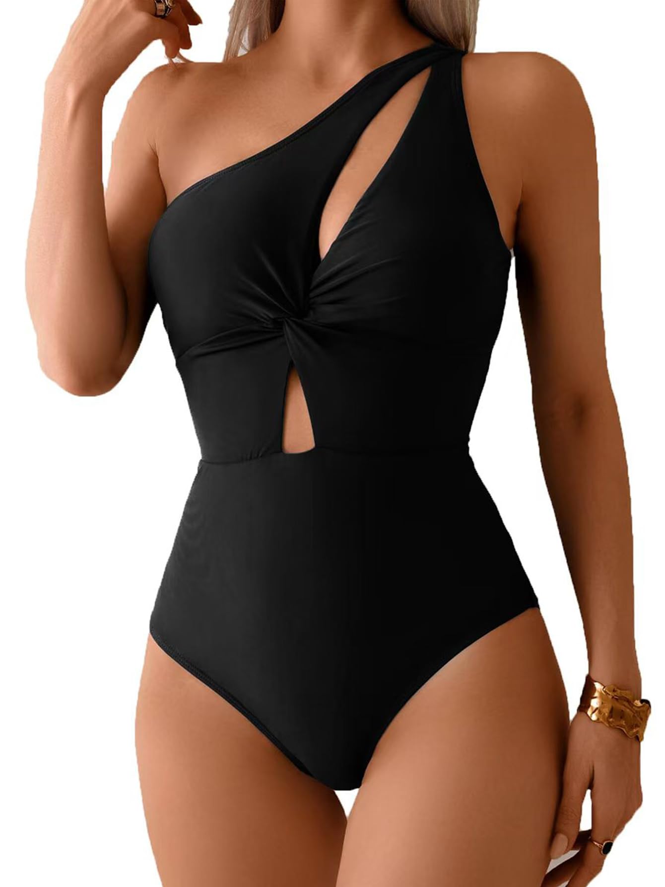 Fanuerg Women One Shoulder One Piece Swimsuits Sexy Cutout Bathing Suit Twist Front Hollow Out Swimwear