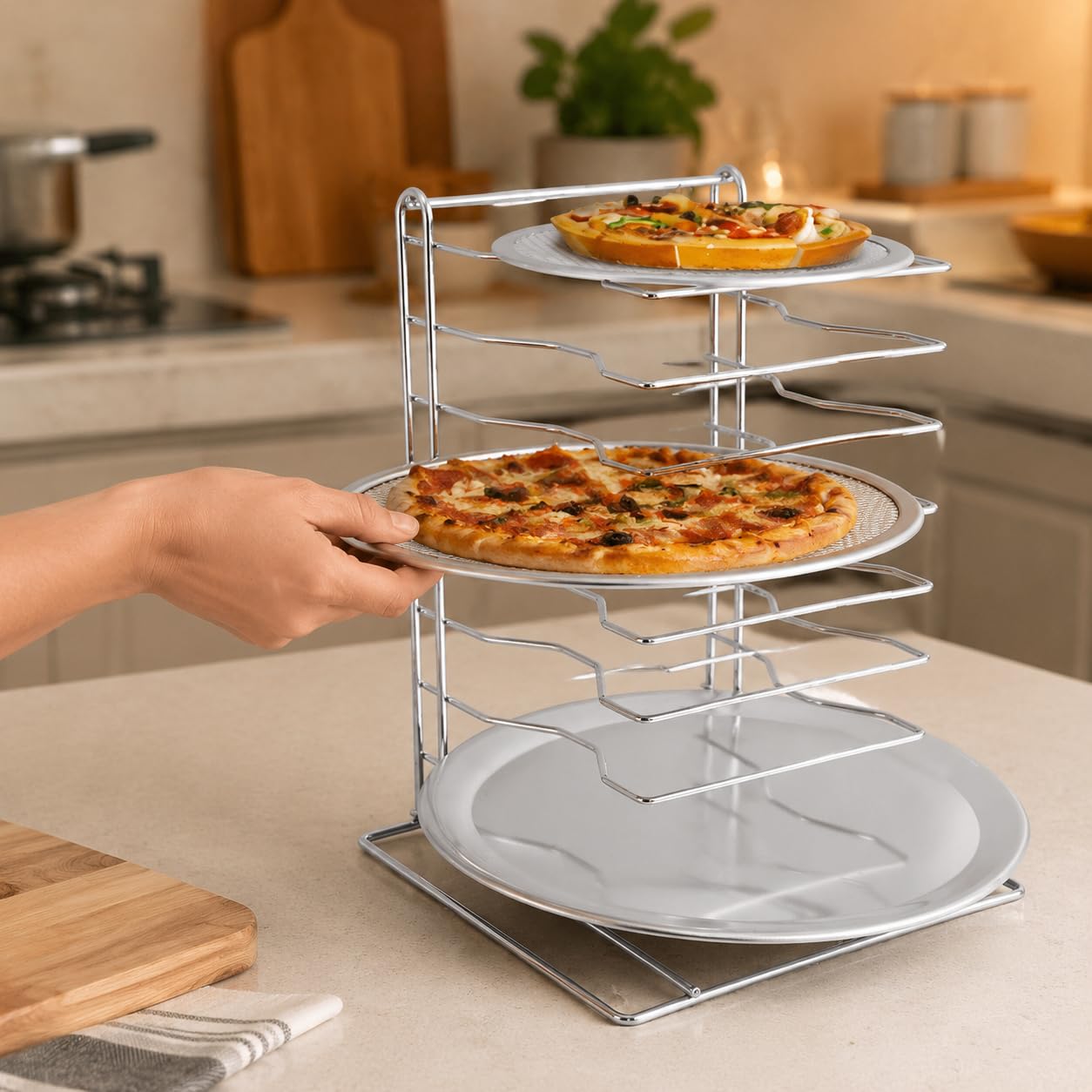 Support pizza rectangulaire, grille de rangement pour plaques à pizza, râtelier de comptoir en fer plaqué argent, 30,5 × 30,5 cm, 30,5 x 30,5 x H42,5 CM (8 couc
