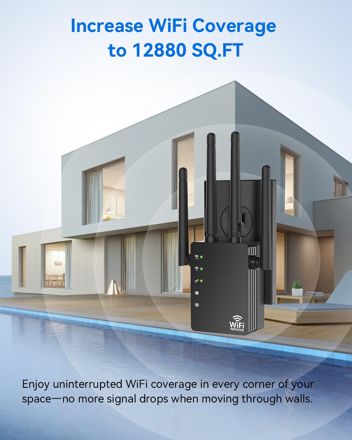 WiFi Extender with 4 Antennas 1200Mbps - Dual Band 5GHz/2.4GHz, WiFi Extender Signal Booster with 3 Modes Support, WiFi Repeater with 12880 Sq.ft 105 Devices, Easy Set Up for Home - 5