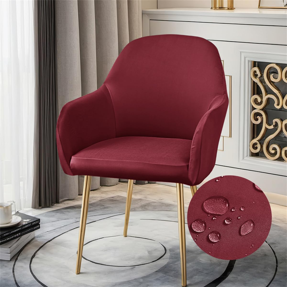 Highdi Waterproof Stretch Dining Chair Covers Soft Curved Back Chair Slipcovers with Armrest, Vanity Swivel Armchair Cover Removable Washable for Bedroom Party Hotel (Burgundy,4 PCS)