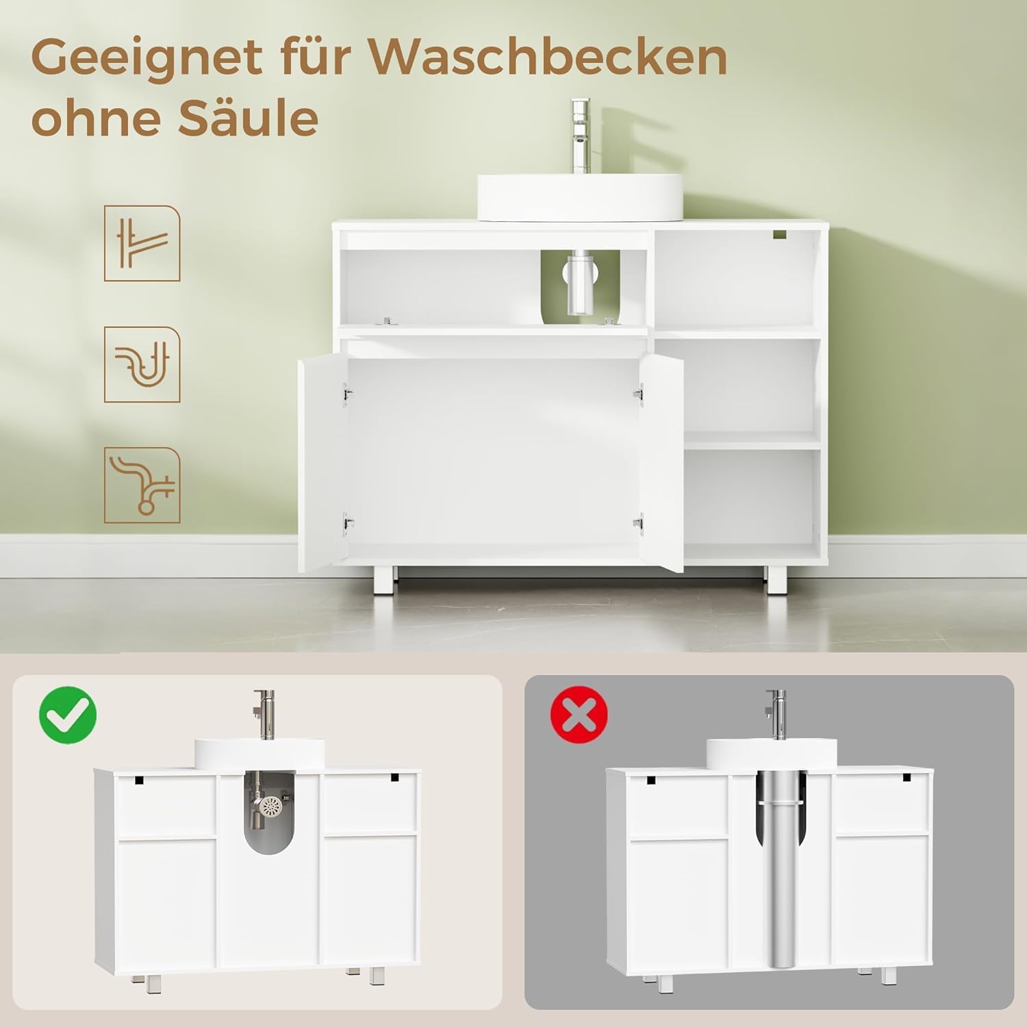 ANWBROAD Waschbeckenunterschrank, Badezimmerschrank mit 2 Schranktüren 3 Verstellbare Offene Regalböden,1 Verdecktes Staufach, Unterschrank Waschbecken mit Füßen,30 x 90 x 64,5 cm Weiß SSC001W