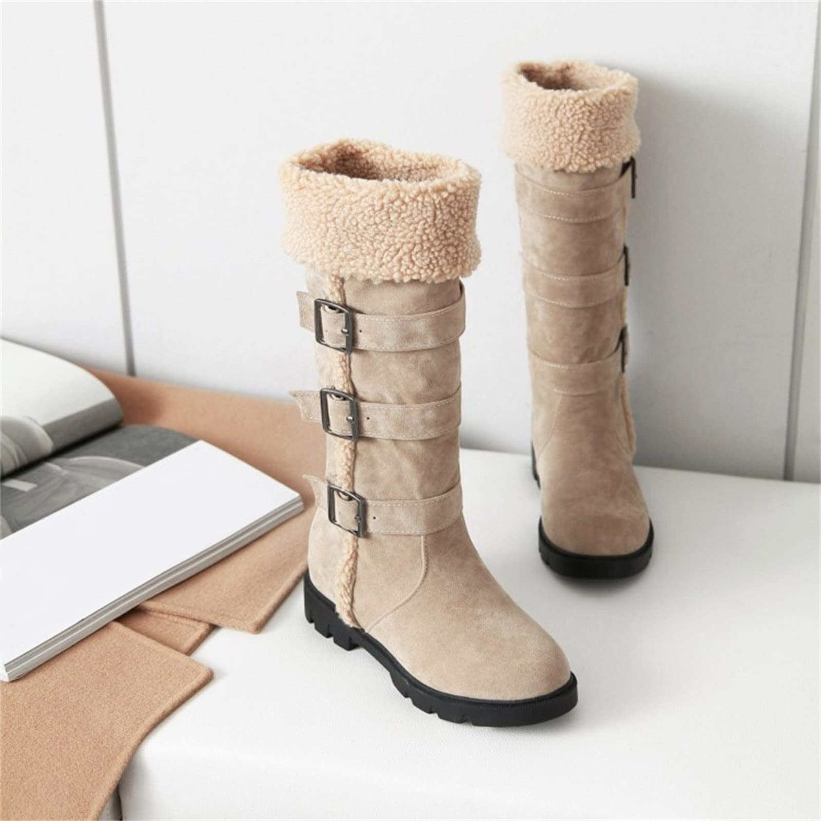 Stivali Lunghi con Fibbia per Cintura in Pelle Scamosciata Tinta Unita da Donna Stivali Lunghi in Peluche con Suola Spessa e Calda all'Interno di Stivali Alti in Cotone